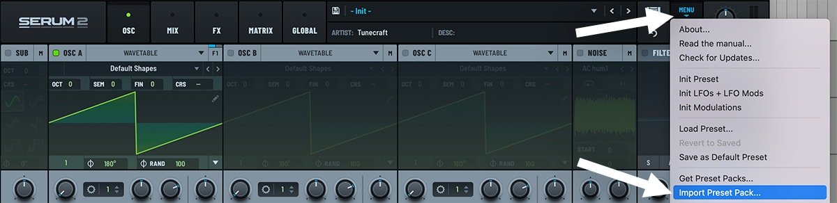 Serum 2 Import Preset Pack menu