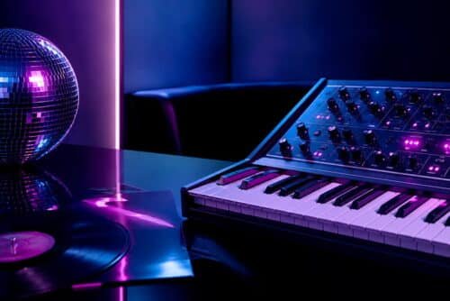 French Touch Studio Setup French Touch studio setup with synthesizer, vinyl and disco ball