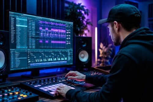 Groove Kit Production Setup Electronic music producer creating drum grooves in a DAW